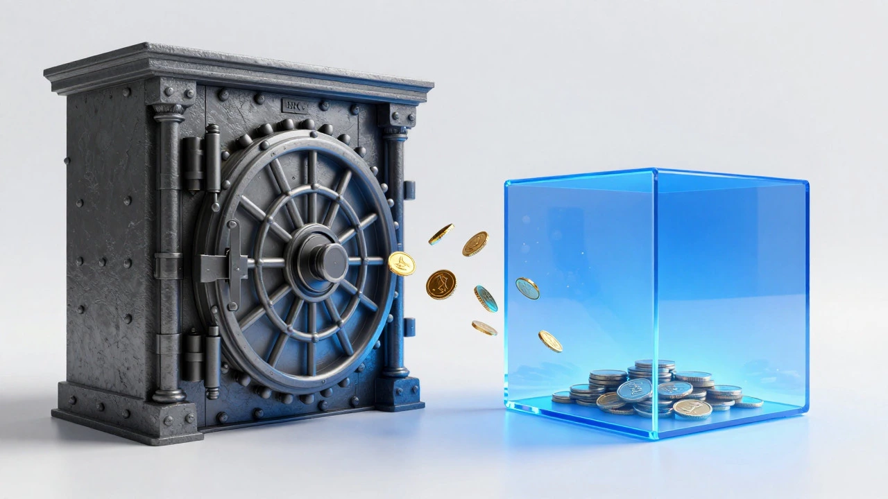Contrast between heavy traditional bank vault and sleek digital savings icon