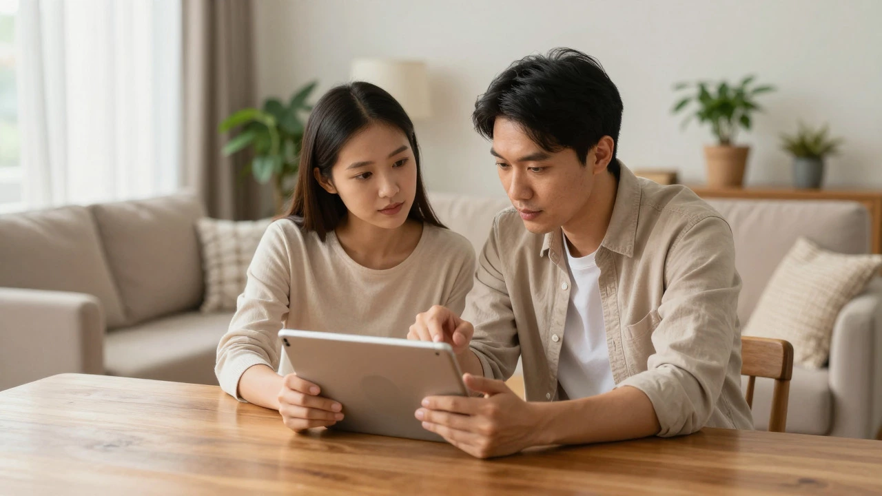 Couple discussing finances together at a wooden table in a bright living room