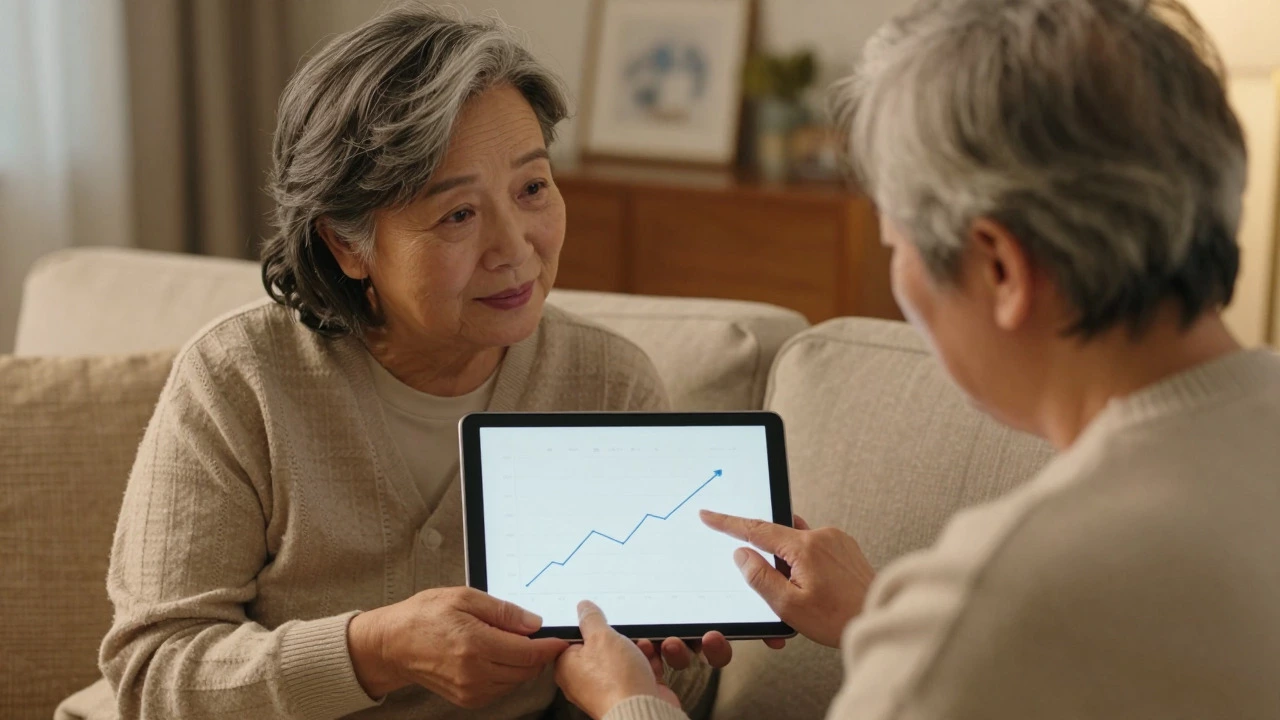 Elderly couple calmly reviewing financial growth chart on a tablet in living room