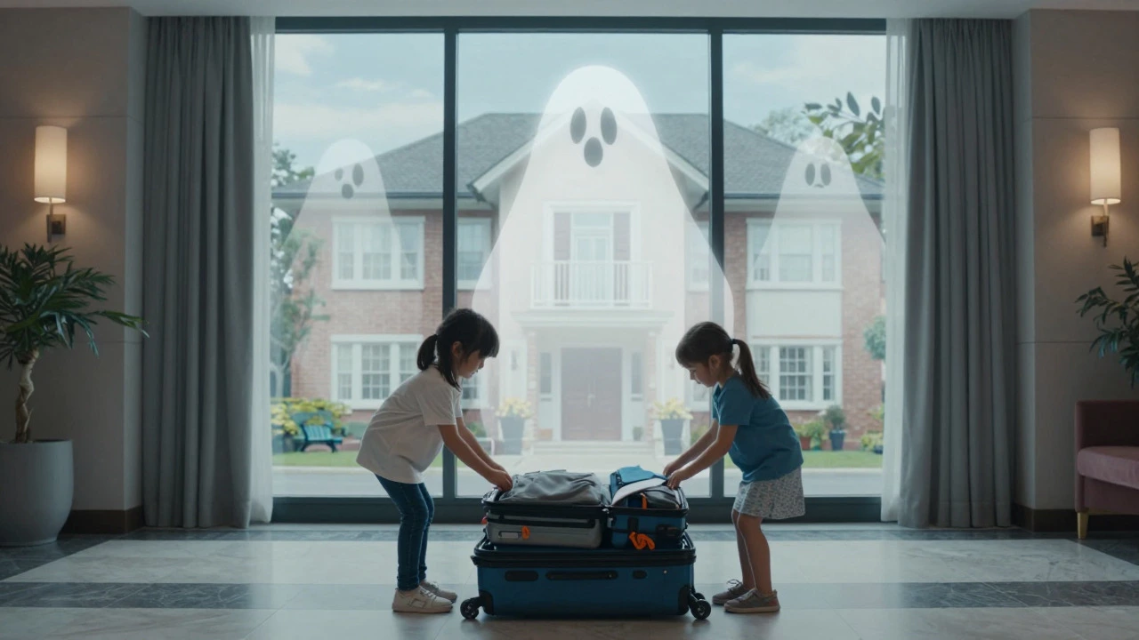 Family packing luggage in a hotel with a view of their home