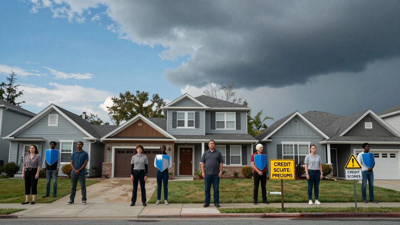 Houses with shields and scales representing varying insurance regulations