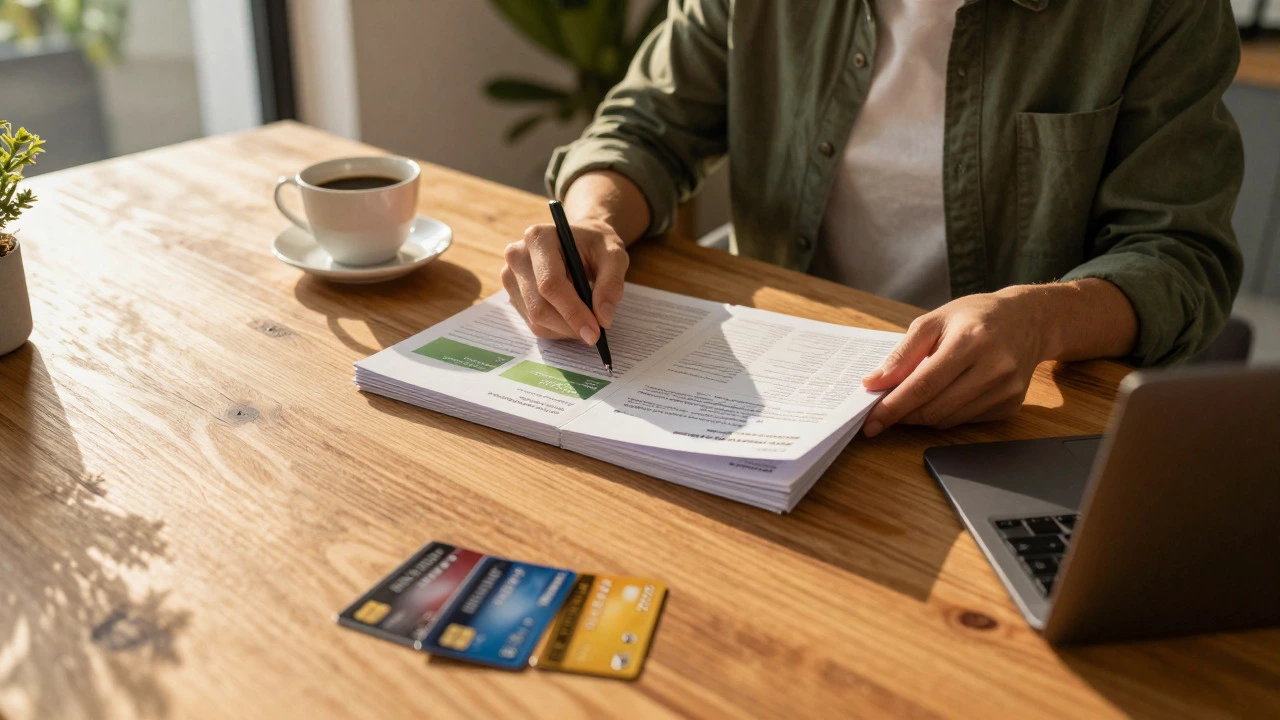 Individual reviewing credit card offers on a desk during sunset