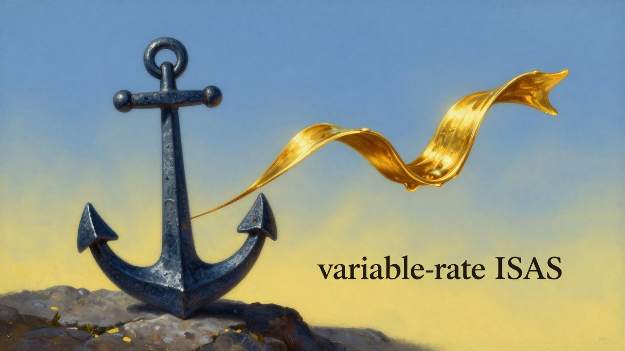 Metal anchor representing fixed rates next to flowing gold ribbon for variable rates