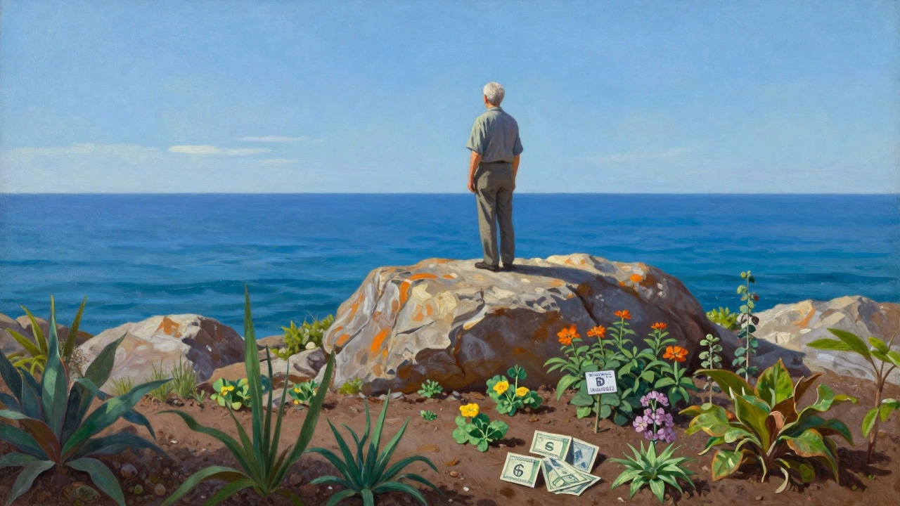 Oil painting of a person standing on a rock overlooking a calm ocean