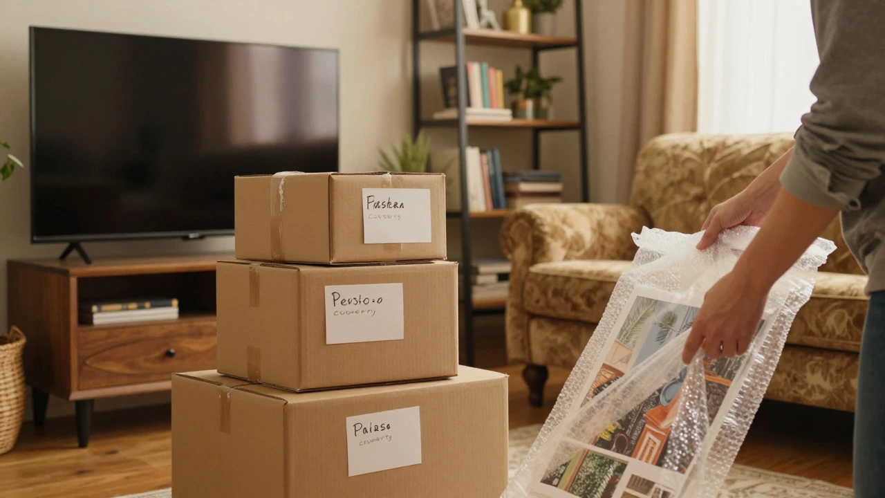 Person packing valuable items into boxes in a living room
