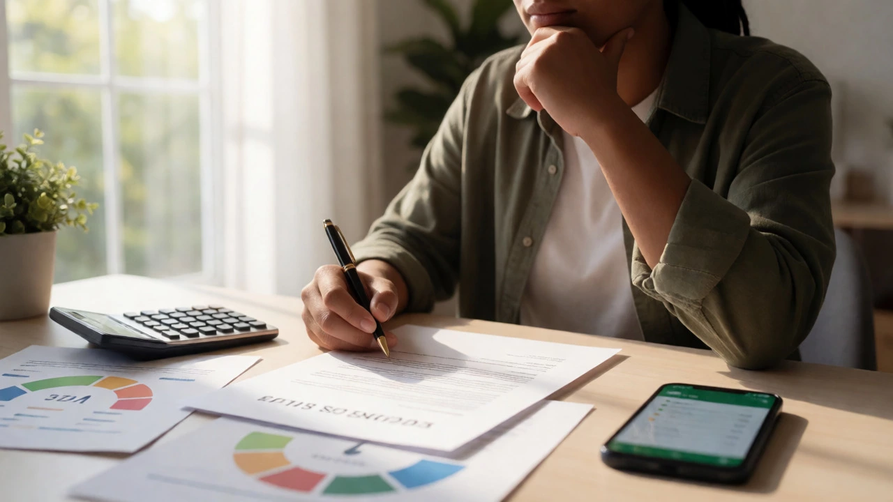 Person reviewing loan documents at a sunlit home desk