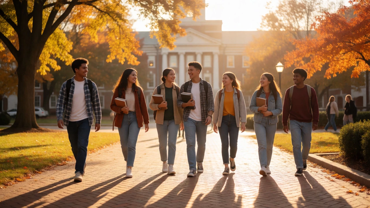 Students walking confidently on a sunlit university campus