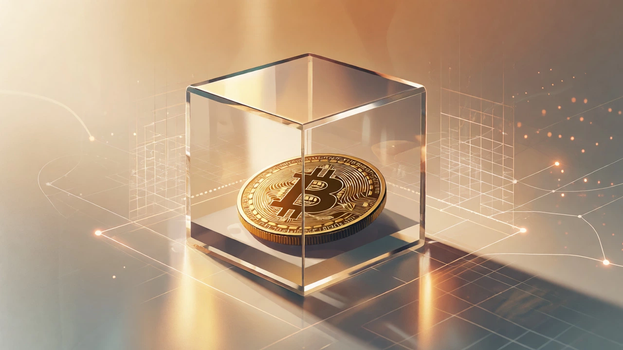 Bitcoin coin protected inside a glass fortress cube