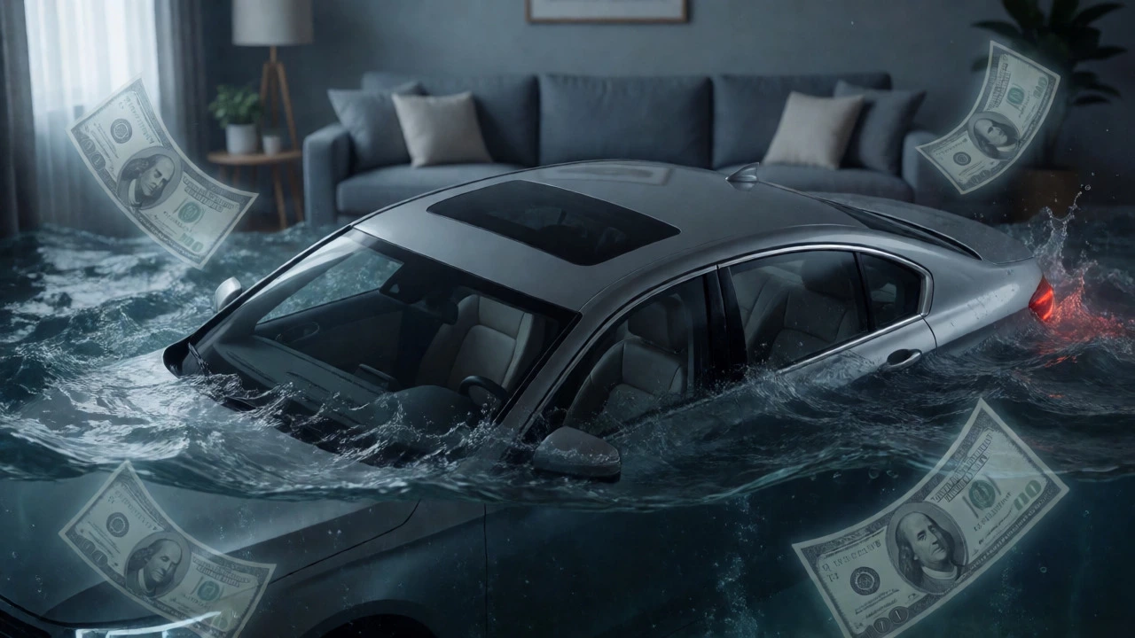 Car partially submerged in water representing negative equity and debt