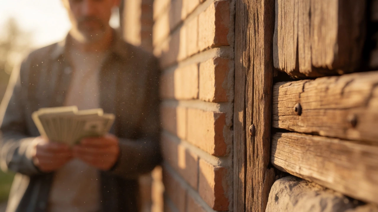 Close-up of aged timber framing versus modern brick with bills in background