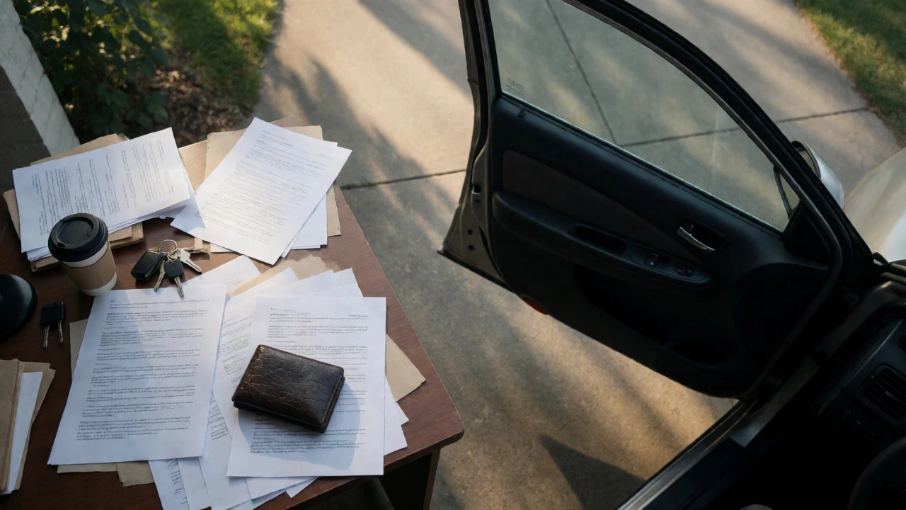 Cluttered desk with car keys and bills next to an open car door