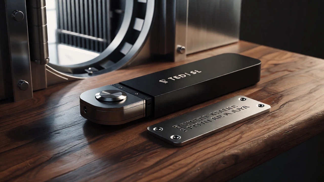 Hardware wallet and seed phrase backup on desk