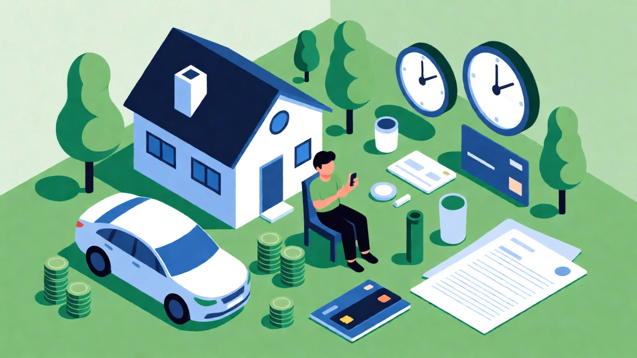 Isometric view of stable finances including home and car, benefiting from good credit.