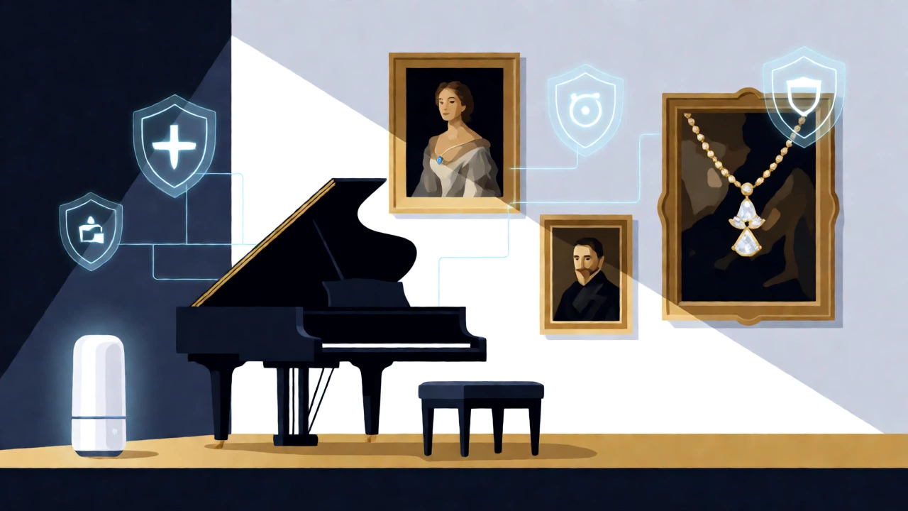 Luxury home items protected by glowing digital shields and smart sensors