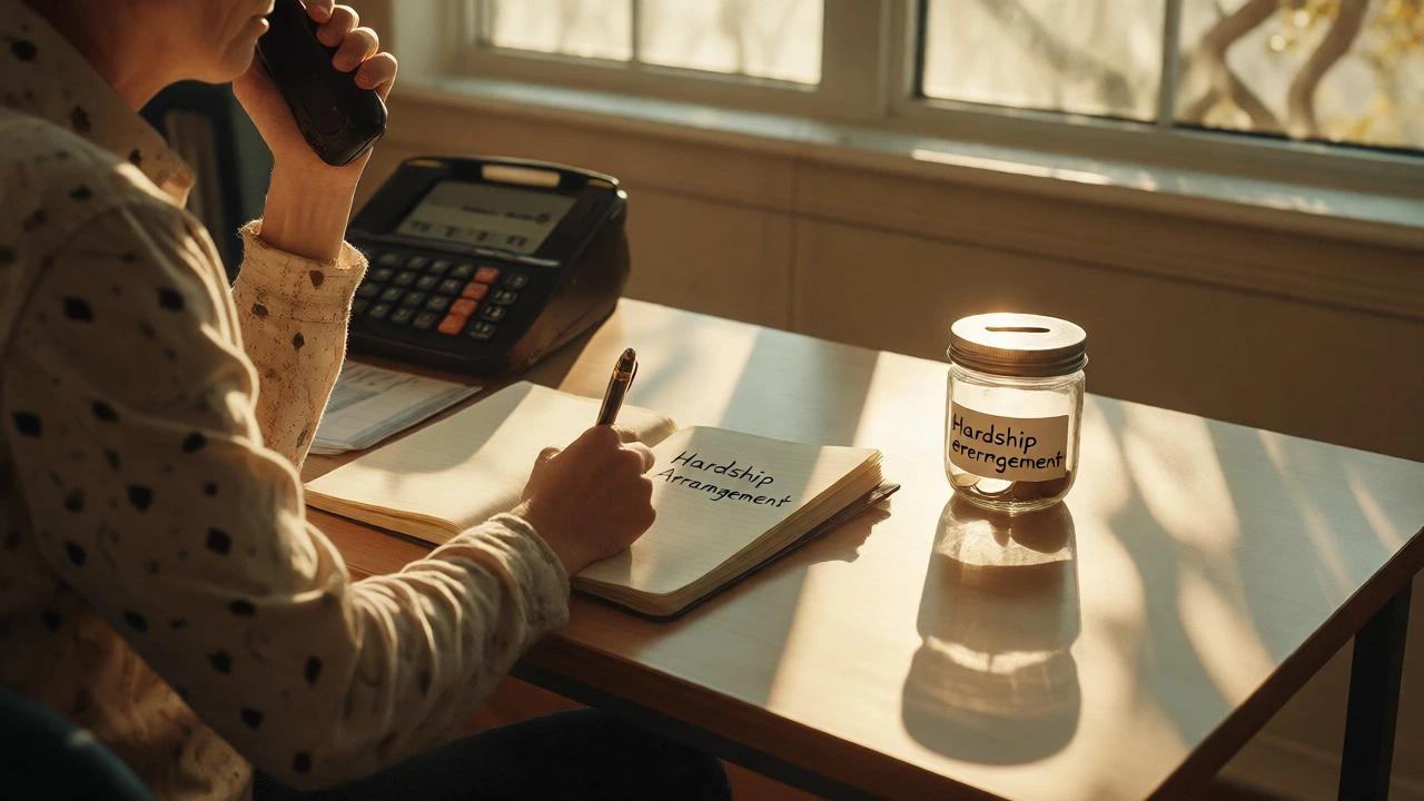 Person negotiating on phone at a sunlit desk with a small savings jar