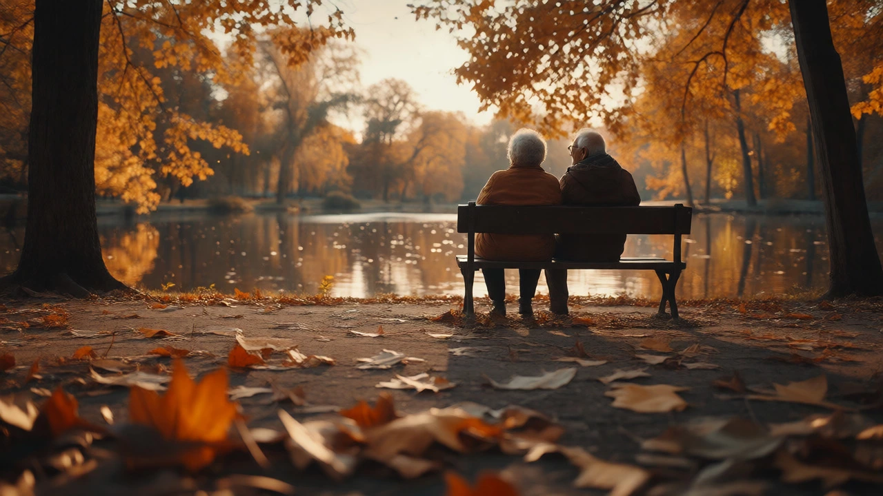 Relaxed elderly couple enjoying a peaceful autumn day in a park