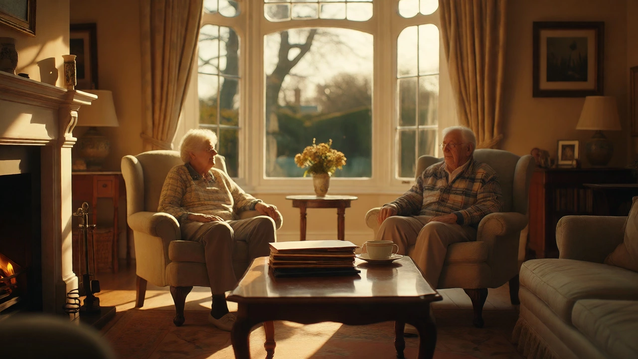 Relaxed elderly couple in a cozy living room
