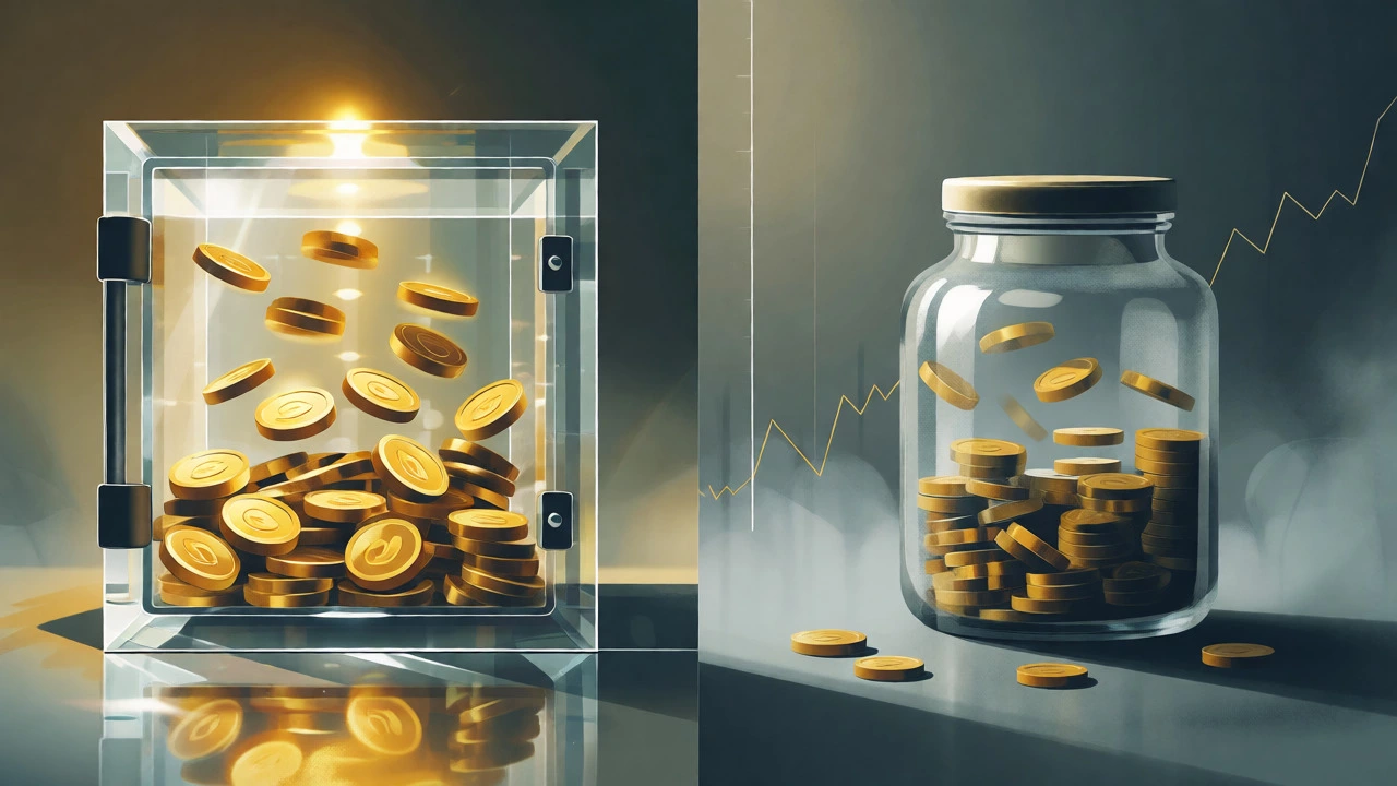 Split view comparing a glowing tax-efficient vault against a shrinking bank jar