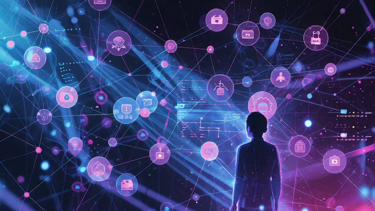 Abstract visualization of AI algorithms connecting education and job data points.