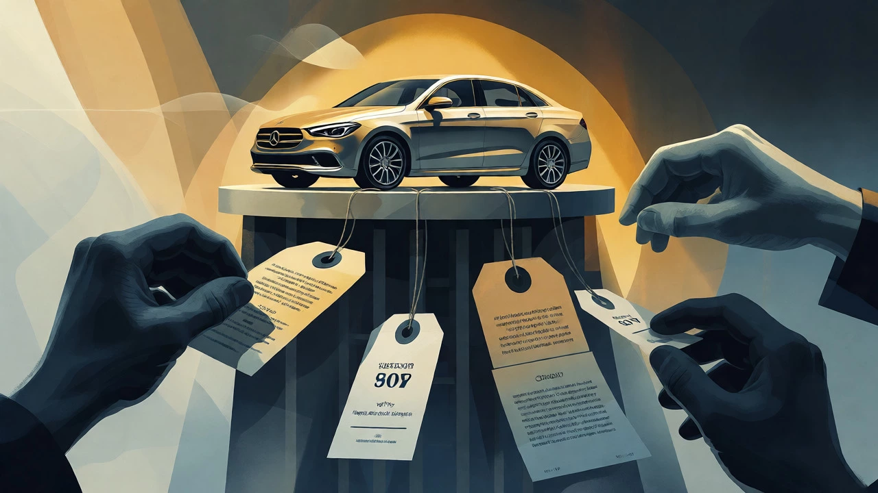Conceptual art showing hidden costs affecting a new car's true price and value.