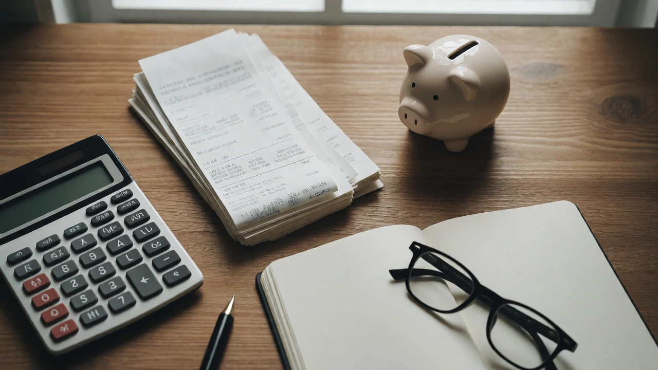 Desk setup with calculator and receipts
