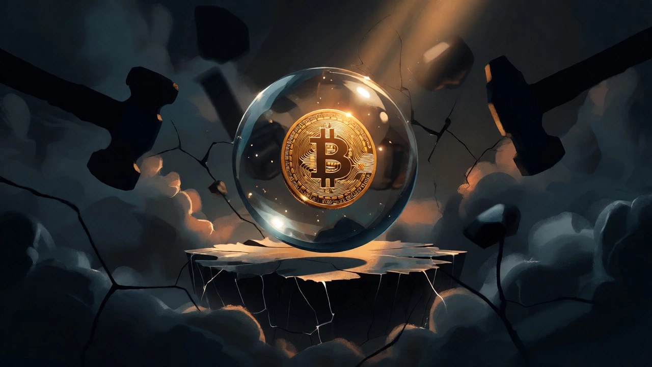 Fragile Bitcoin coin suspended over a dark abyss