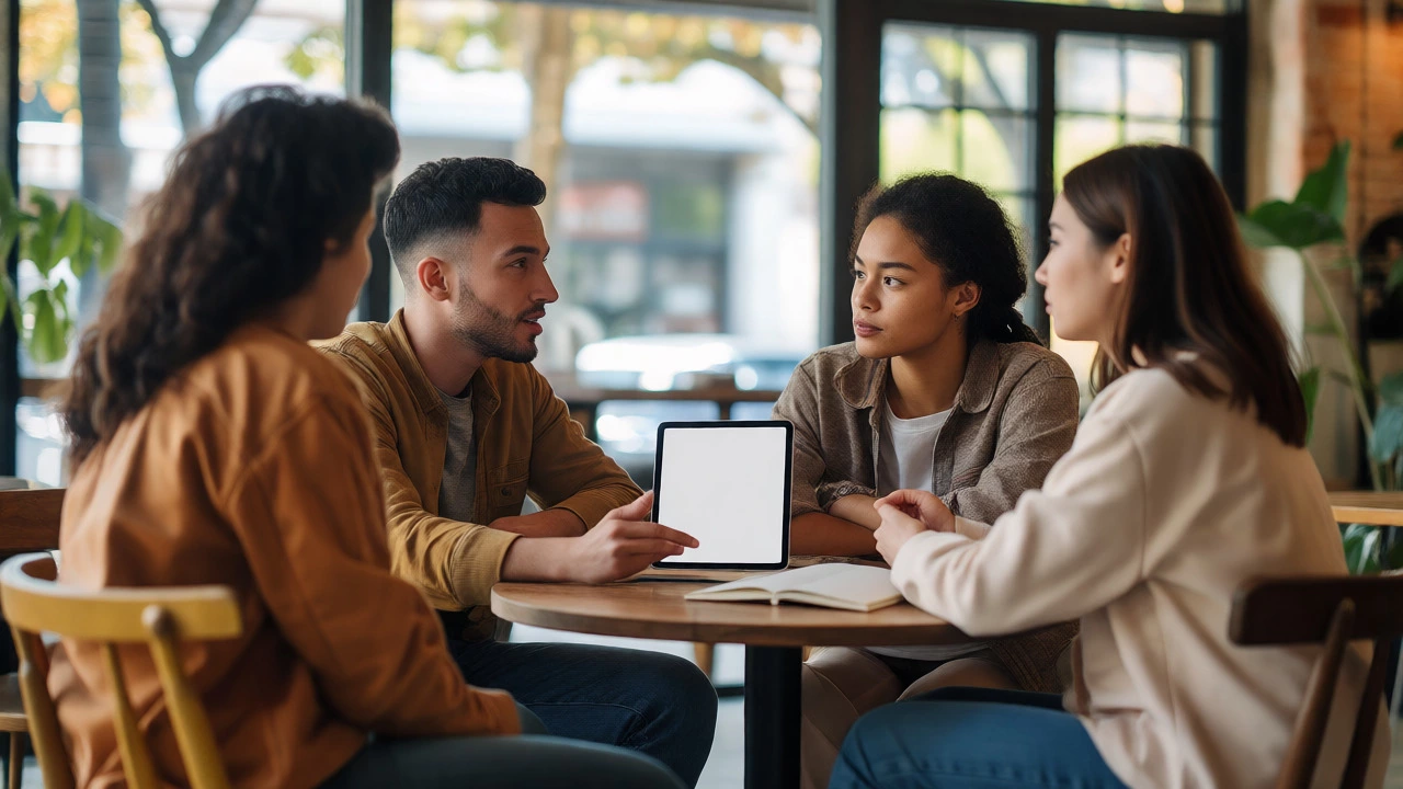 Friends discussing financial plans and debt consolidation at a bright cafe table