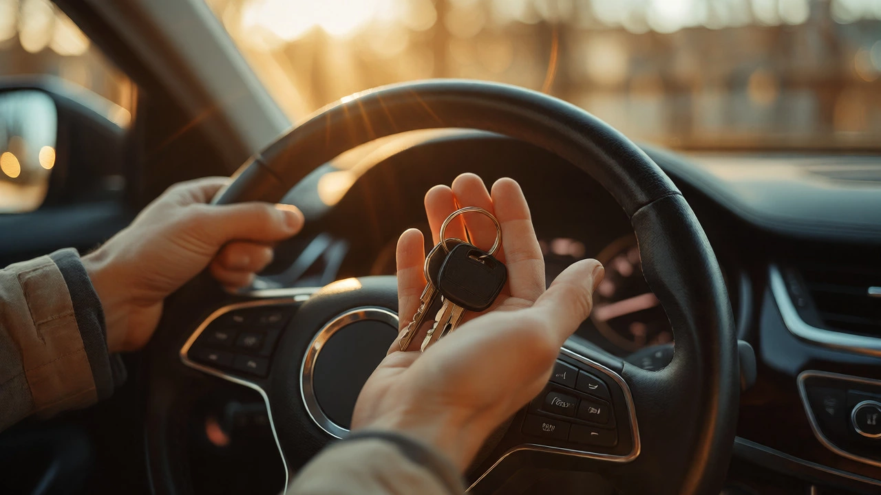 Hands holding car keys on a steering wheel, symbolizing private purchase control and ownership.