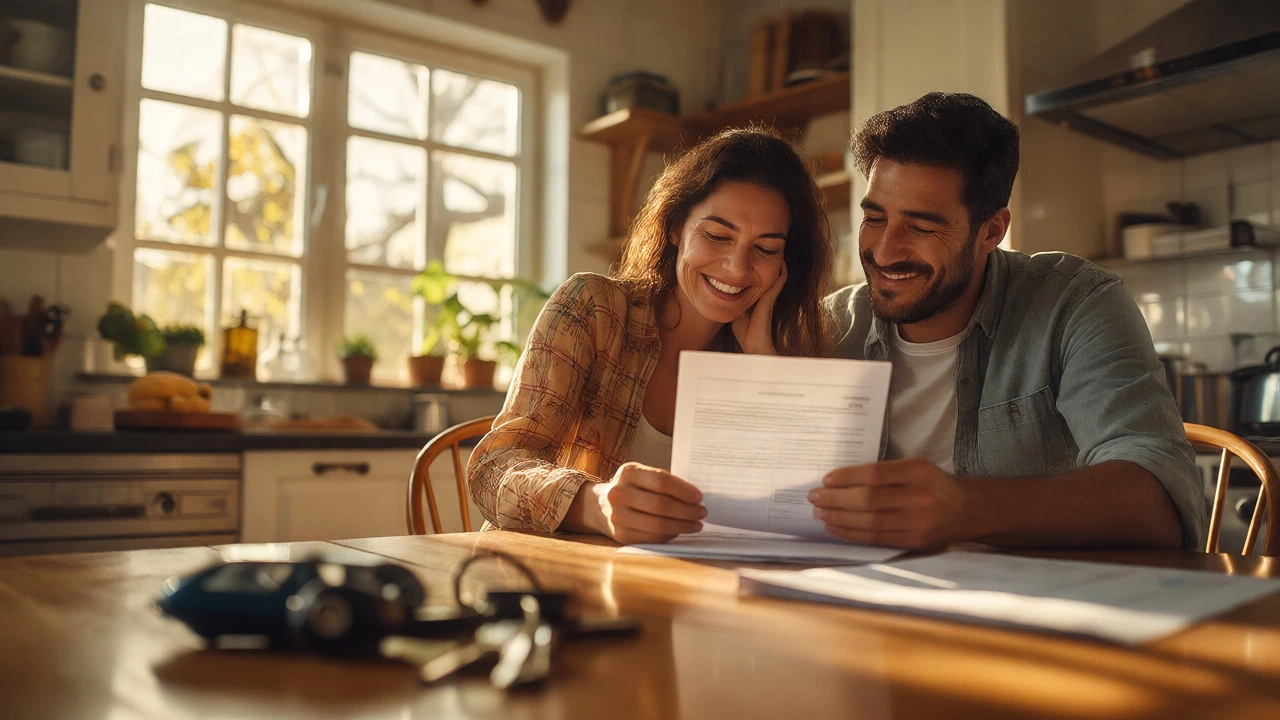 Happy couple reviewing financial documents in a sunlit kitchen