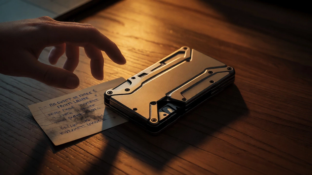Hardware wallet and worn seed phrase card on a desk
