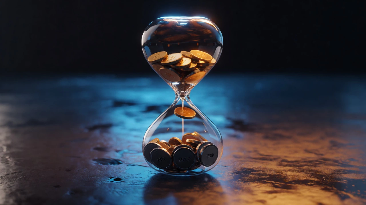 Hourglass with falling coins turning into weights symbolizing loan interest over time