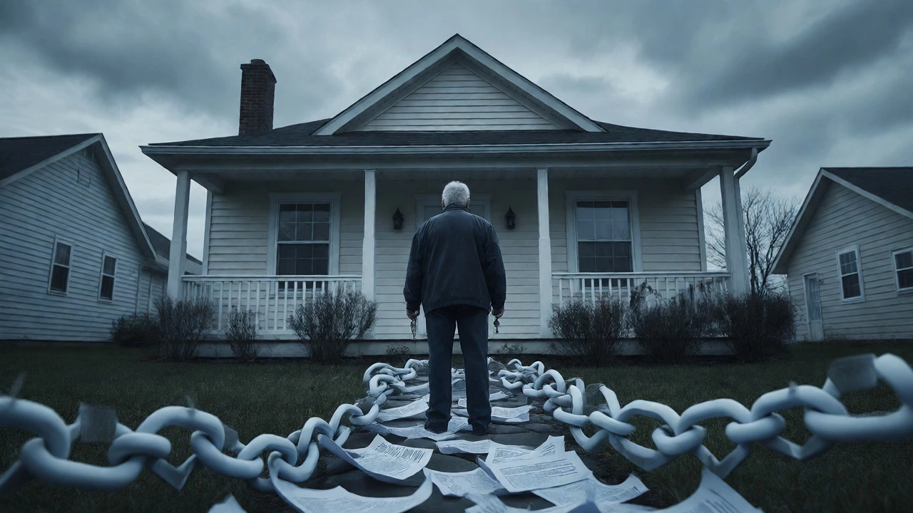 Older man standing hesitantly on his porch surrounded by abstract contract chains.
