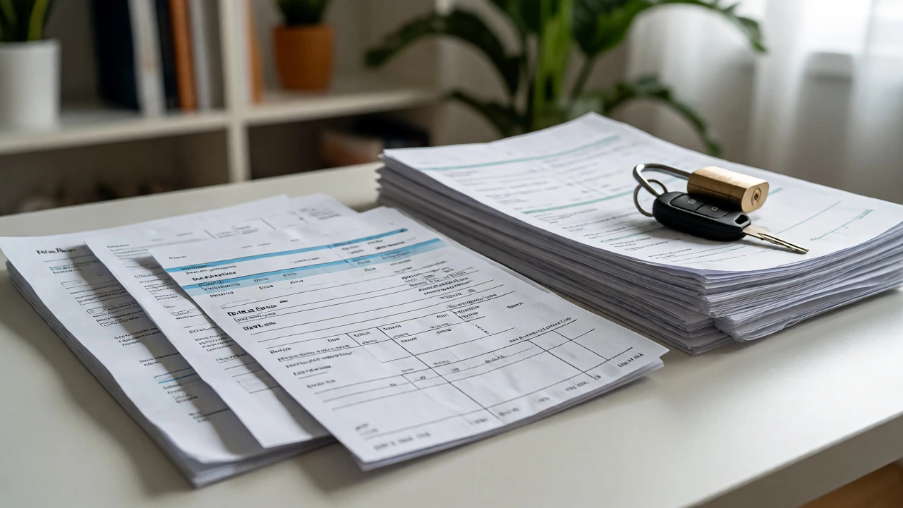 Organized financial documents and secured car keys on desk