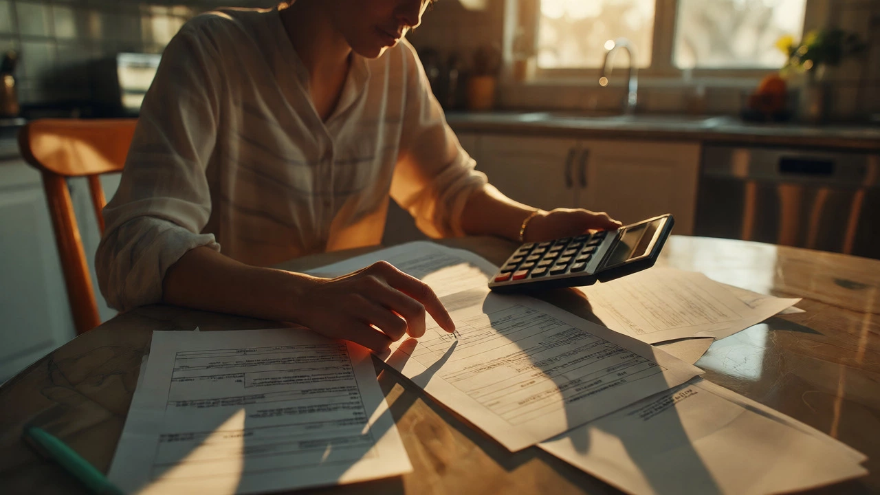 Person reviewing car finance documents and calculating costs at a kitchen table.