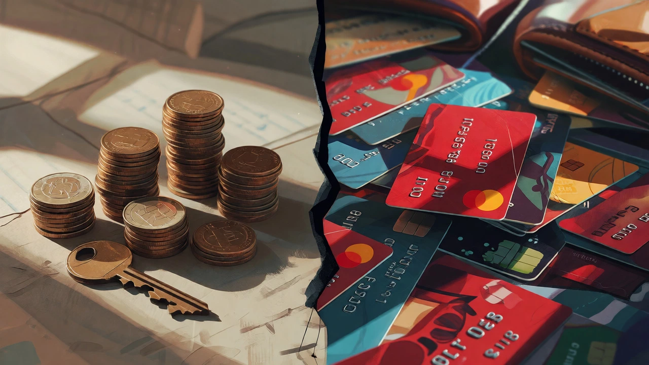 Split image comparing organized loan repayment with chaotic credit card spending.