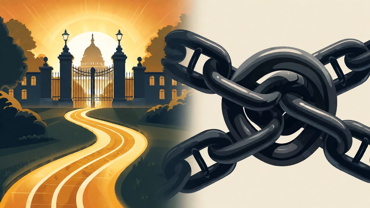 Split image showing golden student loan path versus tangled consumer debt chains.