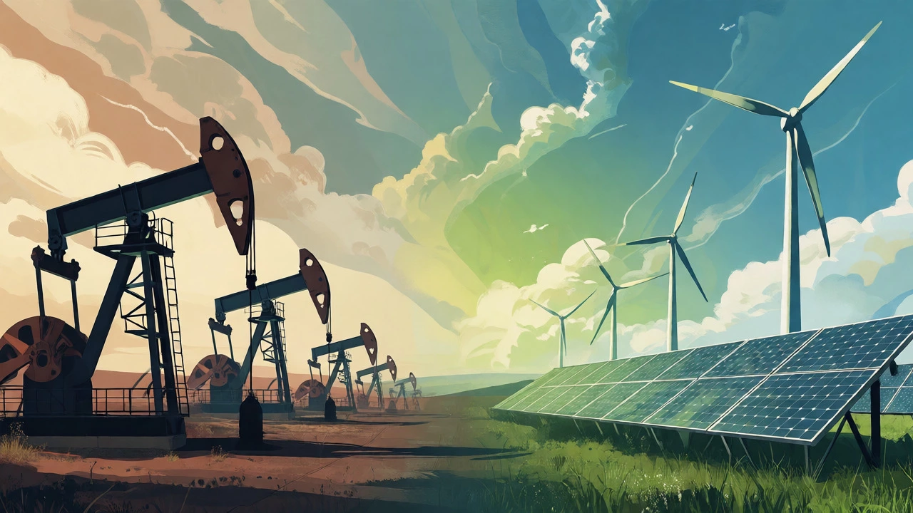 Split scene showing traditional oil pumps alongside solar panels and wind turbines for energy transition