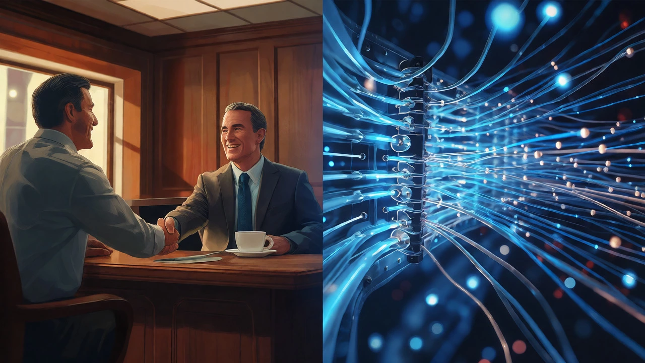 Split view comparing a traditional bank handshake with fast-moving digital finance algorithms.