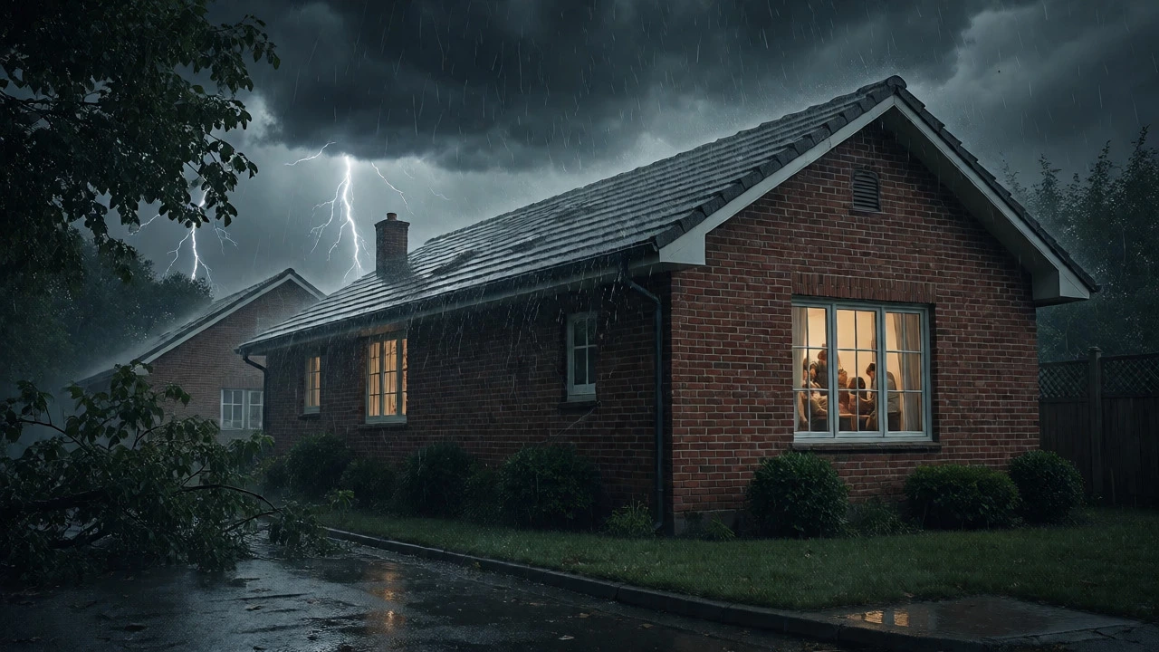 Suburban home enduring a heavy storm with dark clouds and rain outside.