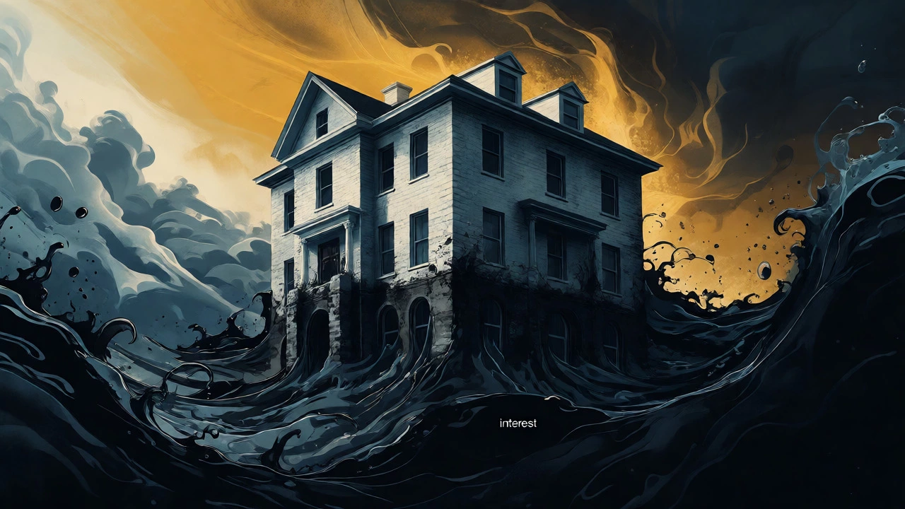 Surreal visual of a house being submerged by rising dark water representing debt.